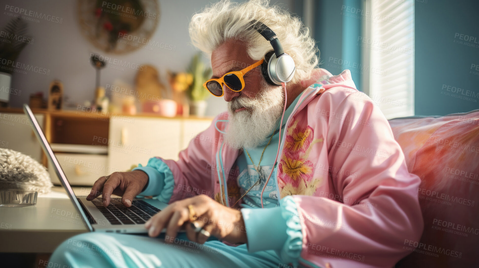 Buy stock photo Senior man, headphones on and working on laptop in vibrant attire. Tech-savvy, focused and stylish elder in a modern setting. On a creative journey with a touch of vibrant energy.