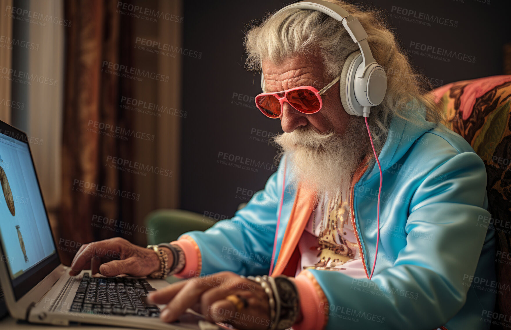 Buy stock photo Senior man, headphones on and working on laptop in vibrant attire. Tech-savvy, focused and stylish elder in a modern setting. On a creative journey with a touch of vibrant energy.