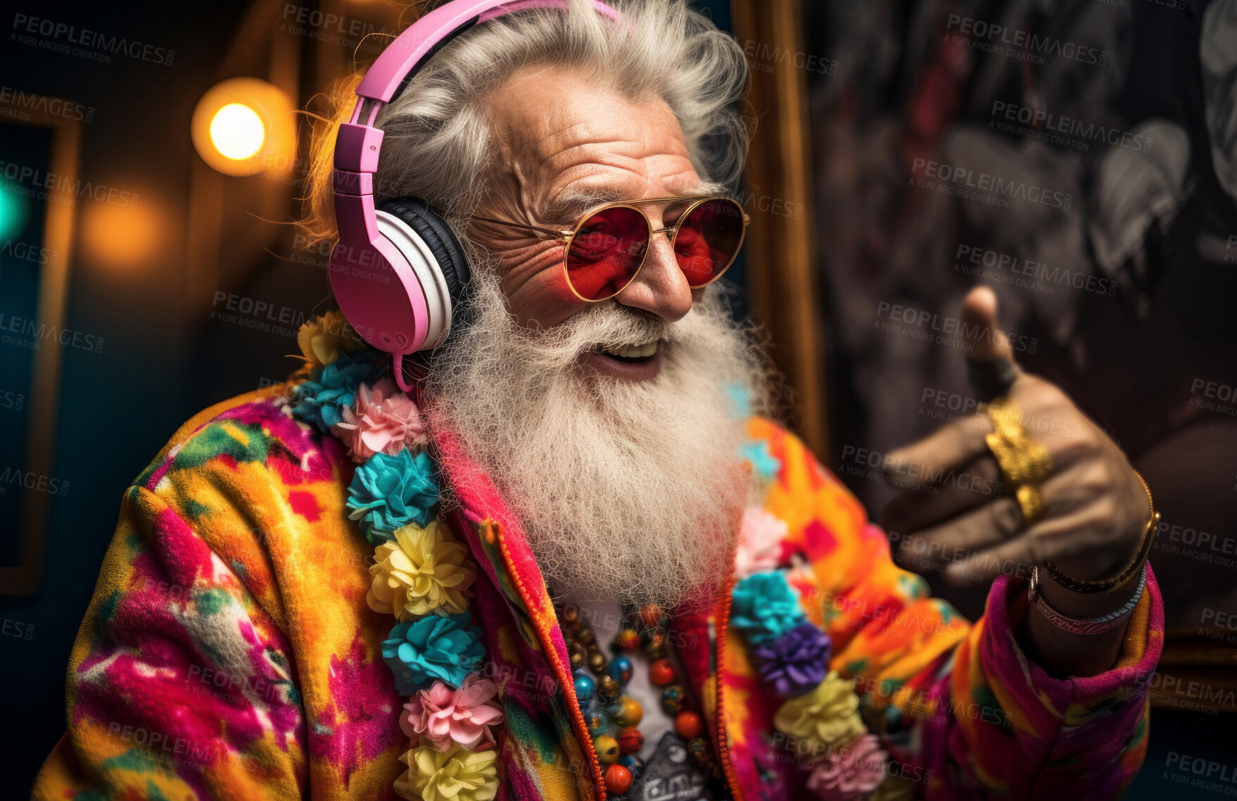 Buy stock photo Senior man, headphones, adorned in vibrant colors. Stylish, tech-savvy and modern elder in a lively setting. On a vibrant journey with a touch of energetic flair.