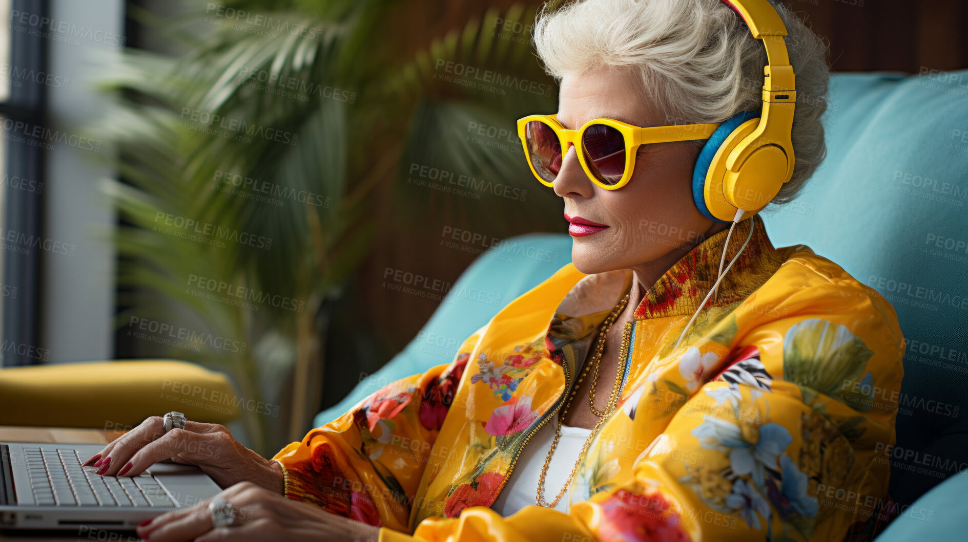 Buy stock photo Senior lady, headphones on and working on laptop in vibrant attire. Tech-savvy, focused and stylish elder in a modern setting. On a creative journey with a touch of vibrant energy.