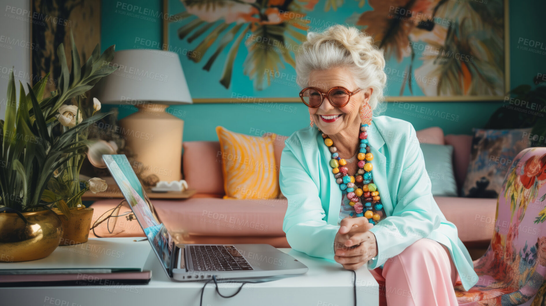 Buy stock photo Senior lady, headphones on and working on laptop in vibrant attire. Tech-savvy, focused and stylish elder in a modern setting. On a creative journey with a touch of vibrant energy.