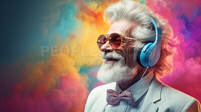 Buy stock photo Senior man, headphones, adorned in vibrant colors. Stylish, tech-savvy and modern elder in a lively setting. On a vibrant journey with a touch of energetic flair.