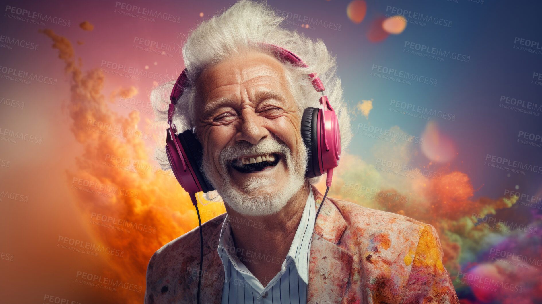 Buy stock photo Senior man, headphones, adorned in vibrant colors. Stylish, tech-savvy and modern elder in a lively setting. On a vibrant journey with a touch of energetic flair.