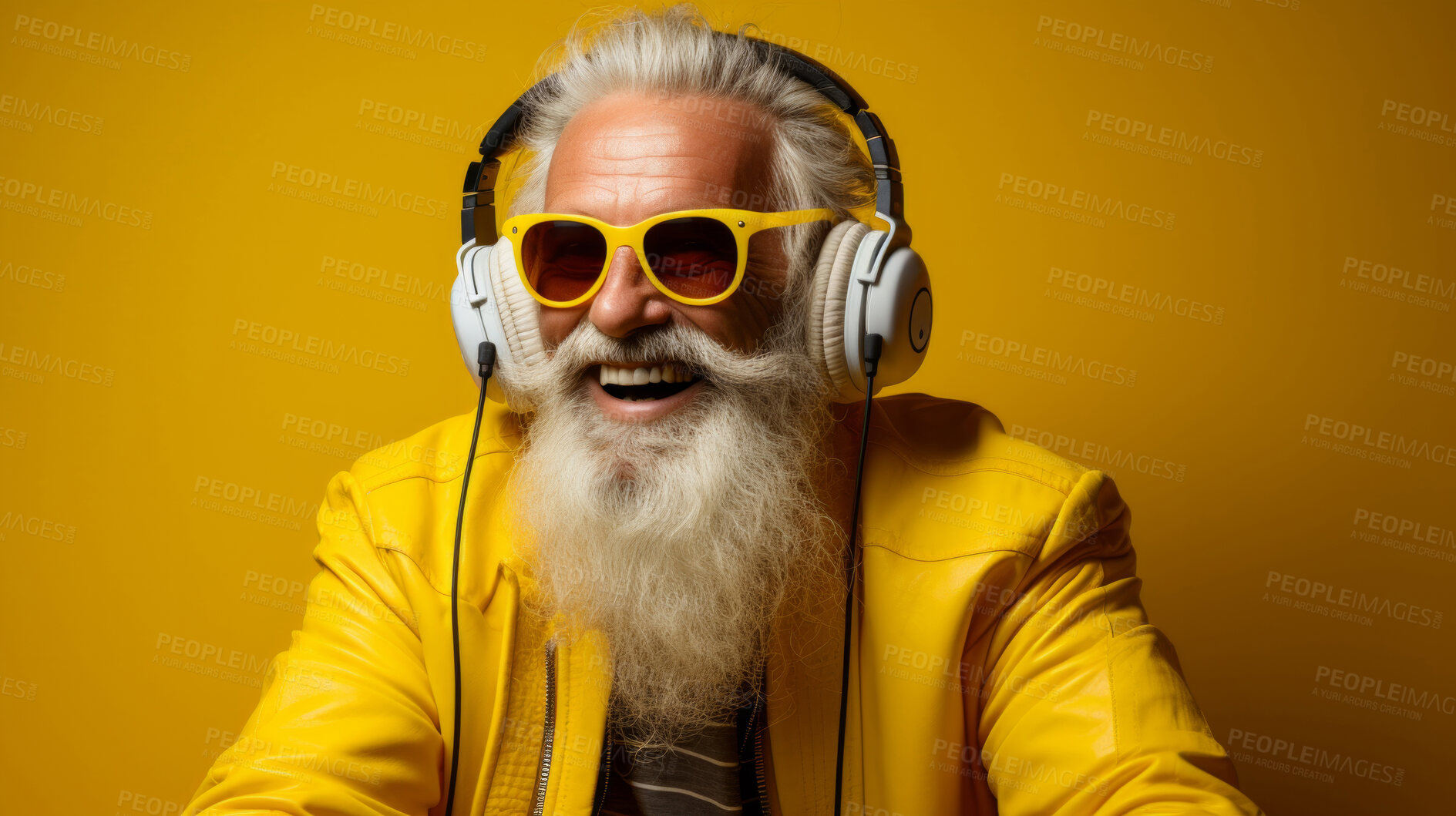 Buy stock photo Senior man, headphones, adorned in vibrant colors. Stylish, tech-savvy and modern elder in a lively setting. On a vibrant journey with a touch of energetic flair.