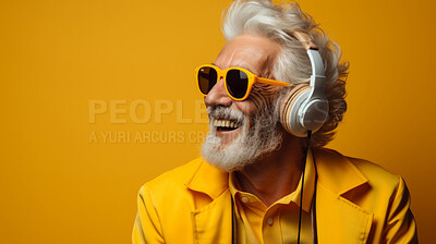 Buy stock photo Senior man, headphones, adorned in vibrant colors. Stylish, tech-savvy and modern elder in a lively setting. On a vibrant journey with a touch of energetic flair.