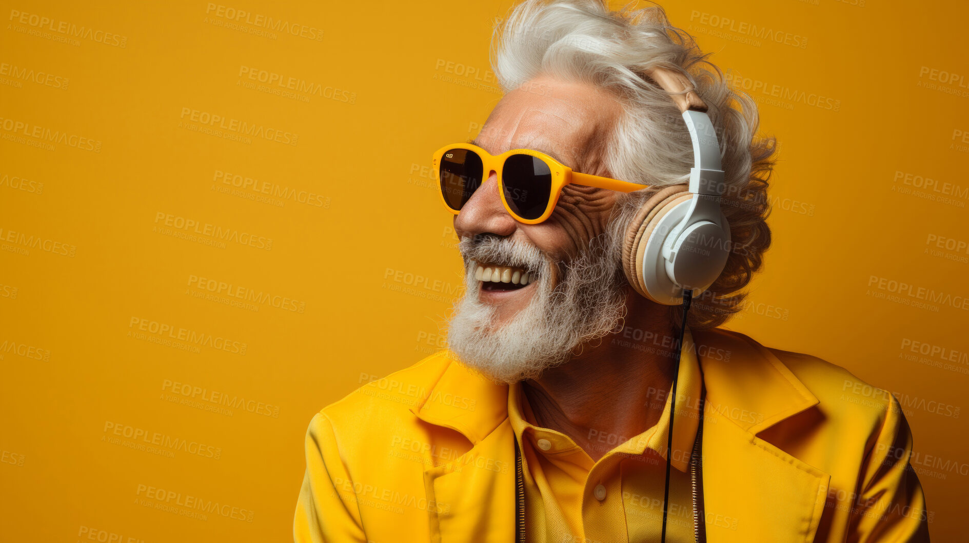 Buy stock photo Senior man, headphones, adorned in vibrant colors. Stylish, tech-savvy and modern elder in a lively setting. On a vibrant journey with a touch of energetic flair.