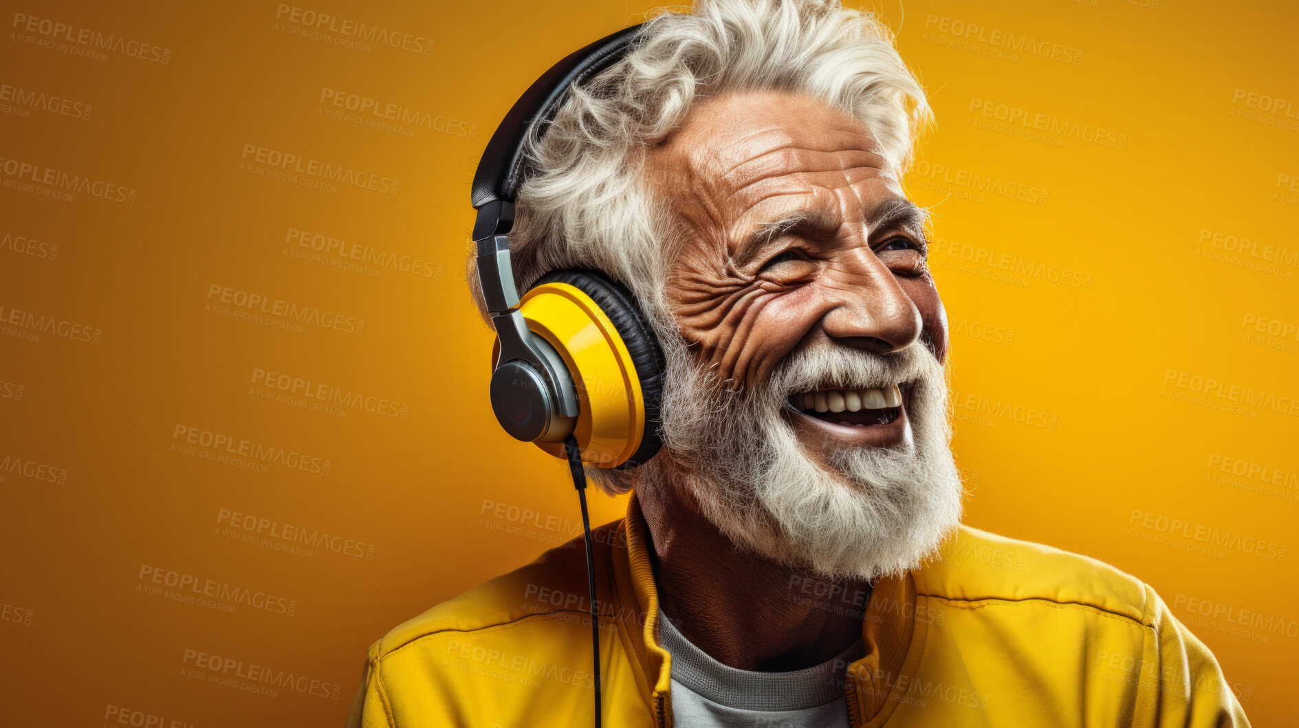 Buy stock photo Senior man, headphones, adorned in vibrant colors. Stylish, tech-savvy and modern elder in a lively setting. On a vibrant journey with a touch of energetic flair.