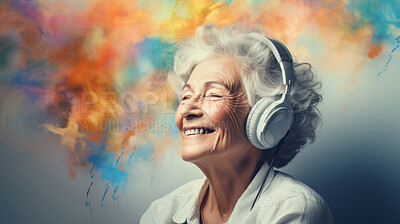 Buy stock photo Senior lady, headphones, adorned in vibrant colors. Stylish, tech-savvy and modern elder in a lively setting. On a vibrant journey with a touch of energetic flair.