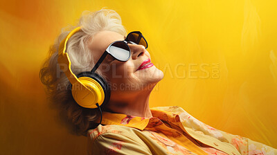 Senior lady, headphones, adorned in vibrant colors. Stylish, tech-savvy and modern elder in a lively setting. On a vibrant journey with a touch of energetic flair.