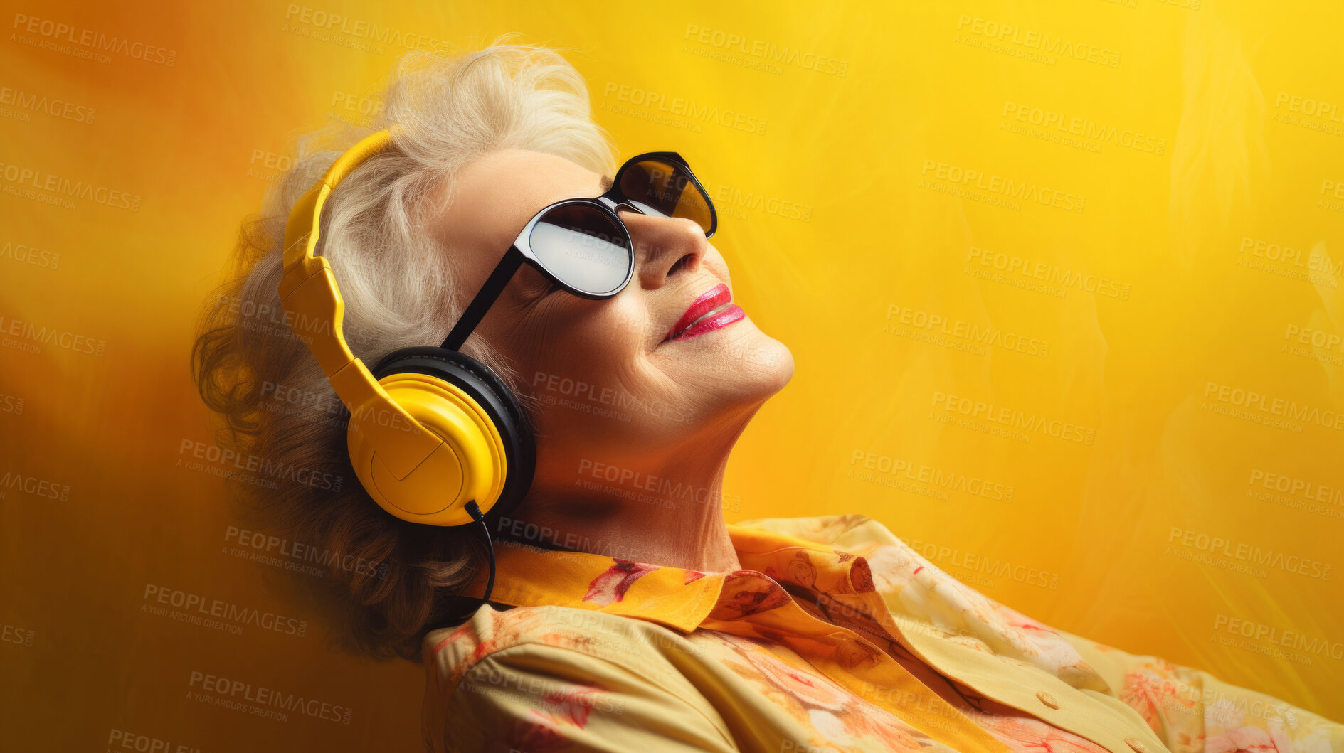 Buy stock photo Senior lady, headphones, adorned in vibrant colors. Stylish, tech-savvy and modern elder in a lively setting. On a vibrant journey with a touch of energetic flair.