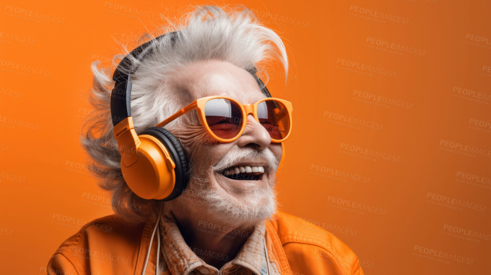 Buy stock photo Senior man, headphones, adorned in vibrant colors. Stylish, tech-savvy and modern elder in a lively setting. On a vibrant journey with a touch of energetic flair.