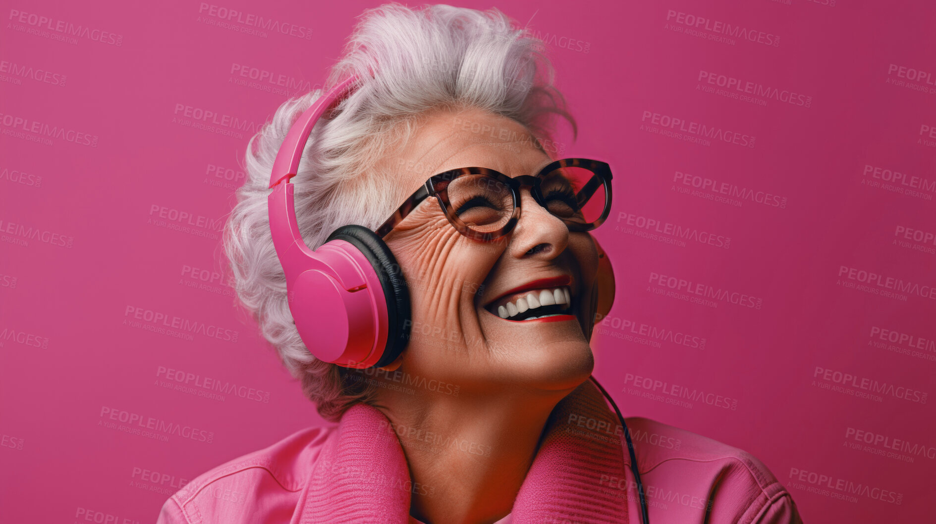 Buy stock photo Senior lady, headphones, adorned in vibrant colors. Stylish, tech-savvy and modern elder in a lively setting. On a vibrant journey with a touch of energetic flair.