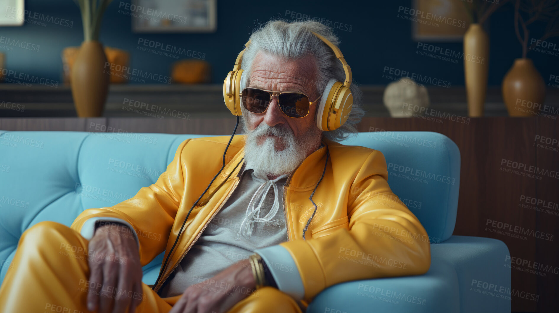 Buy stock photo Senior man, headphones, adorned in vibrant colors. Stylish, tech-savvy and modern elder in a lively setting. On a vibrant journey with a touch of energetic flair.