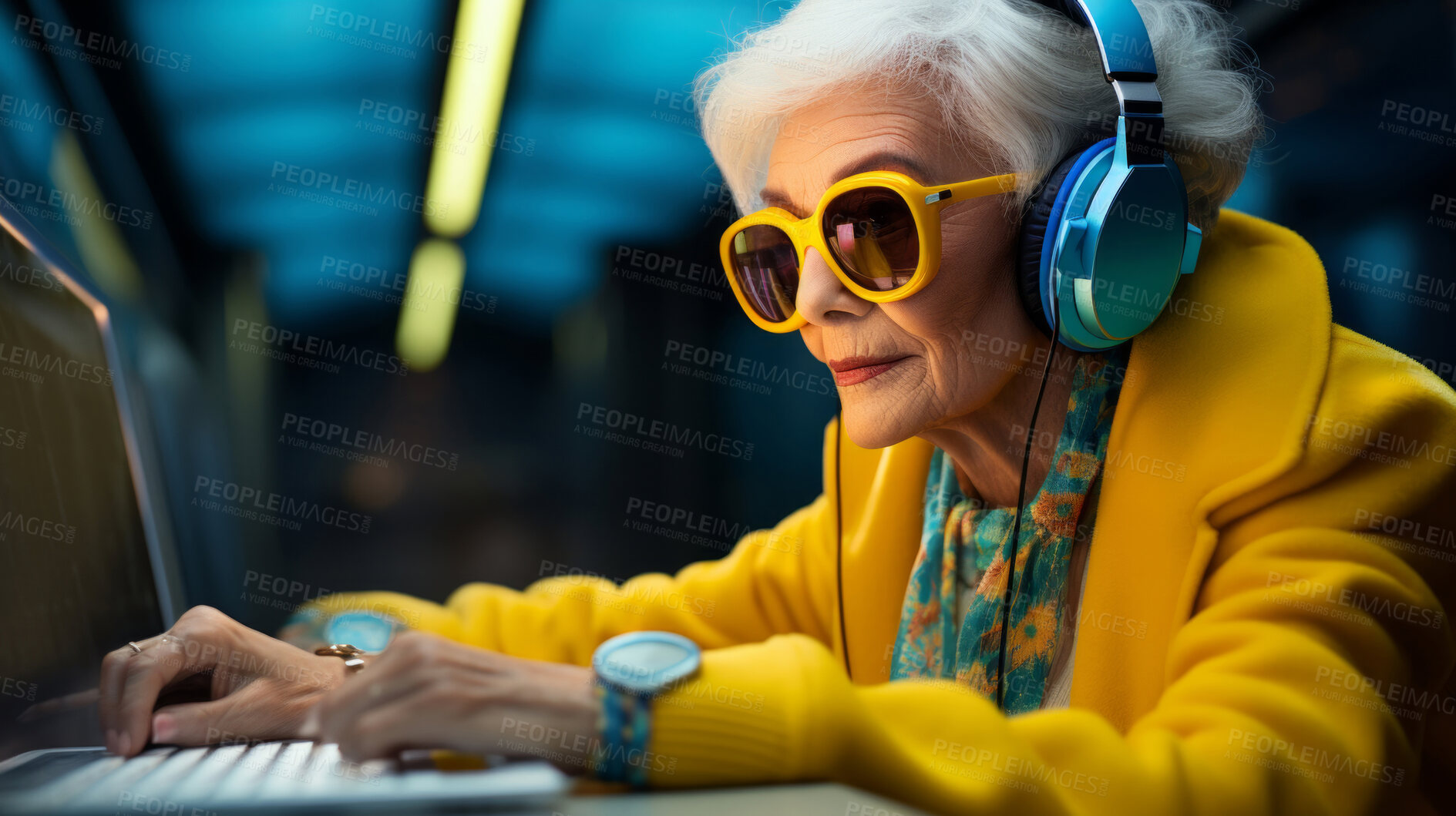 Buy stock photo Senior lady, headphones on and working on laptop in vibrant attire. Tech-savvy, focused and stylish elder in a modern setting. On a creative journey with a touch of vibrant energy.