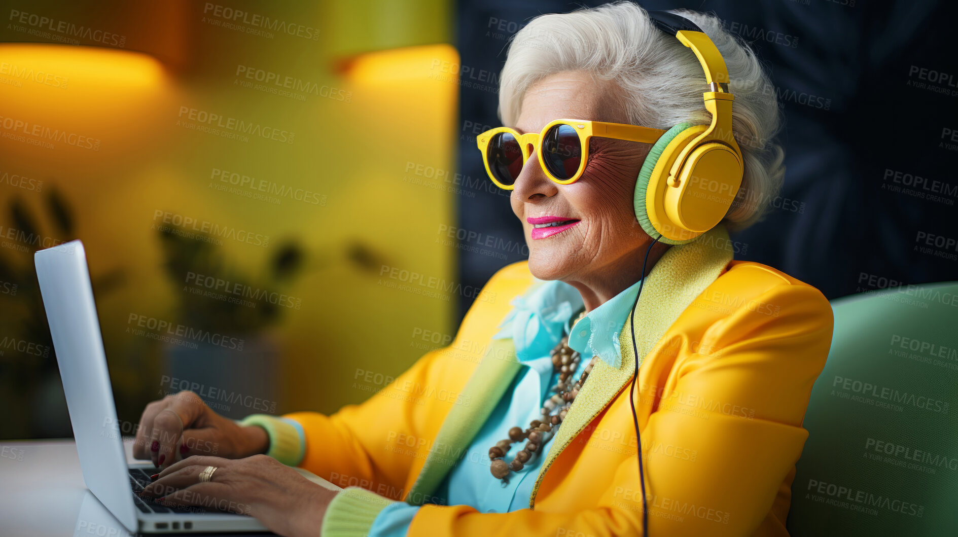 Buy stock photo Senior lady, headphones on and working on laptop in vibrant attire. Tech-savvy, focused and stylish elder in a modern setting. On a creative journey with a touch of vibrant energy.