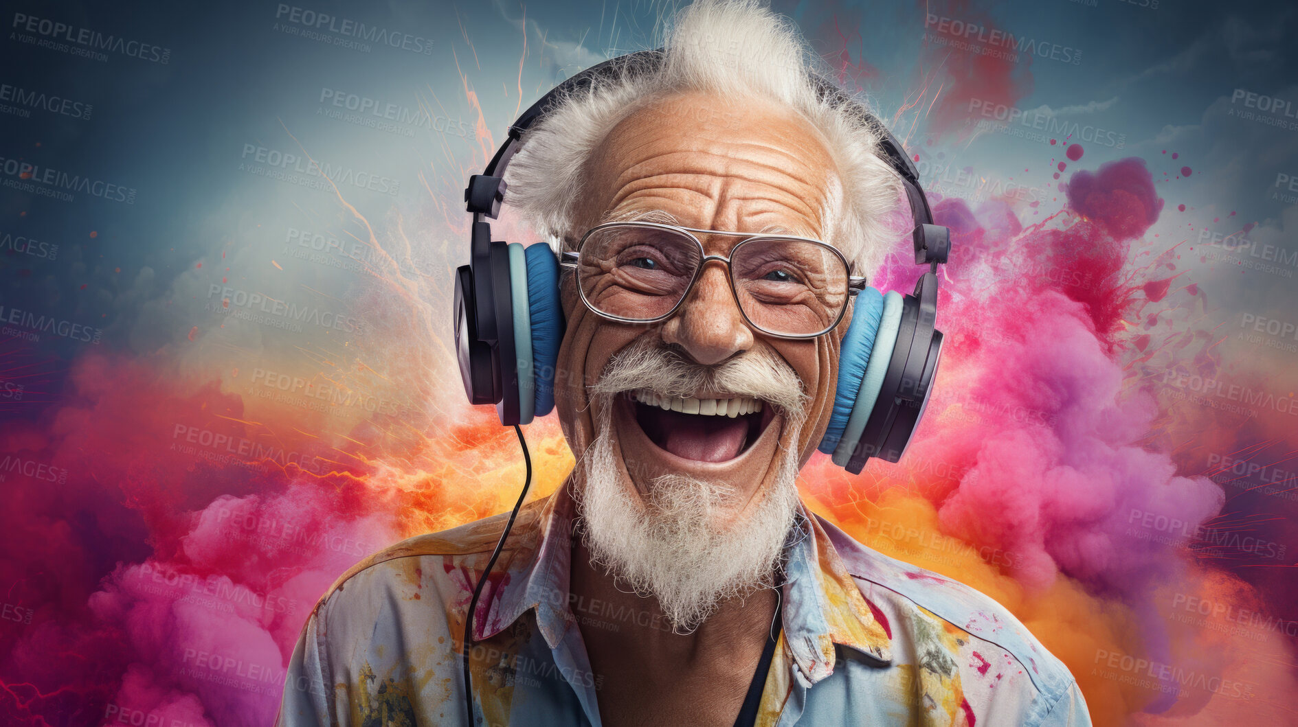 Buy stock photo Senior man, headphones, adorned in vibrant colors. Stylish, tech-savvy and modern elder in a lively setting. On a vibrant journey with a touch of energetic flair.