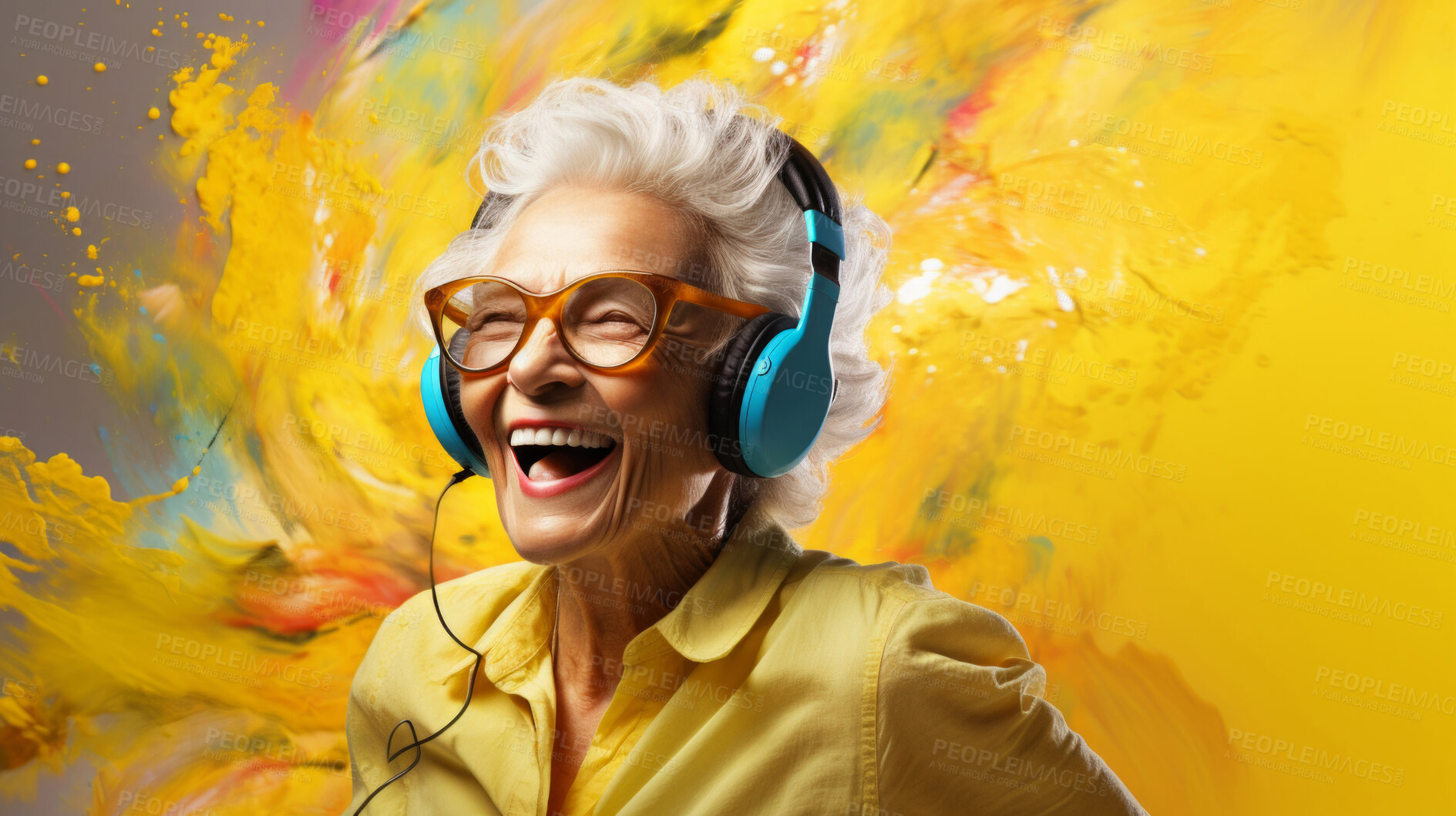 Buy stock photo Senior lady, headphones, adorned in vibrant colors. Stylish, tech-savvy and modern elder in a lively setting. On a vibrant journey with a touch of energetic flair.