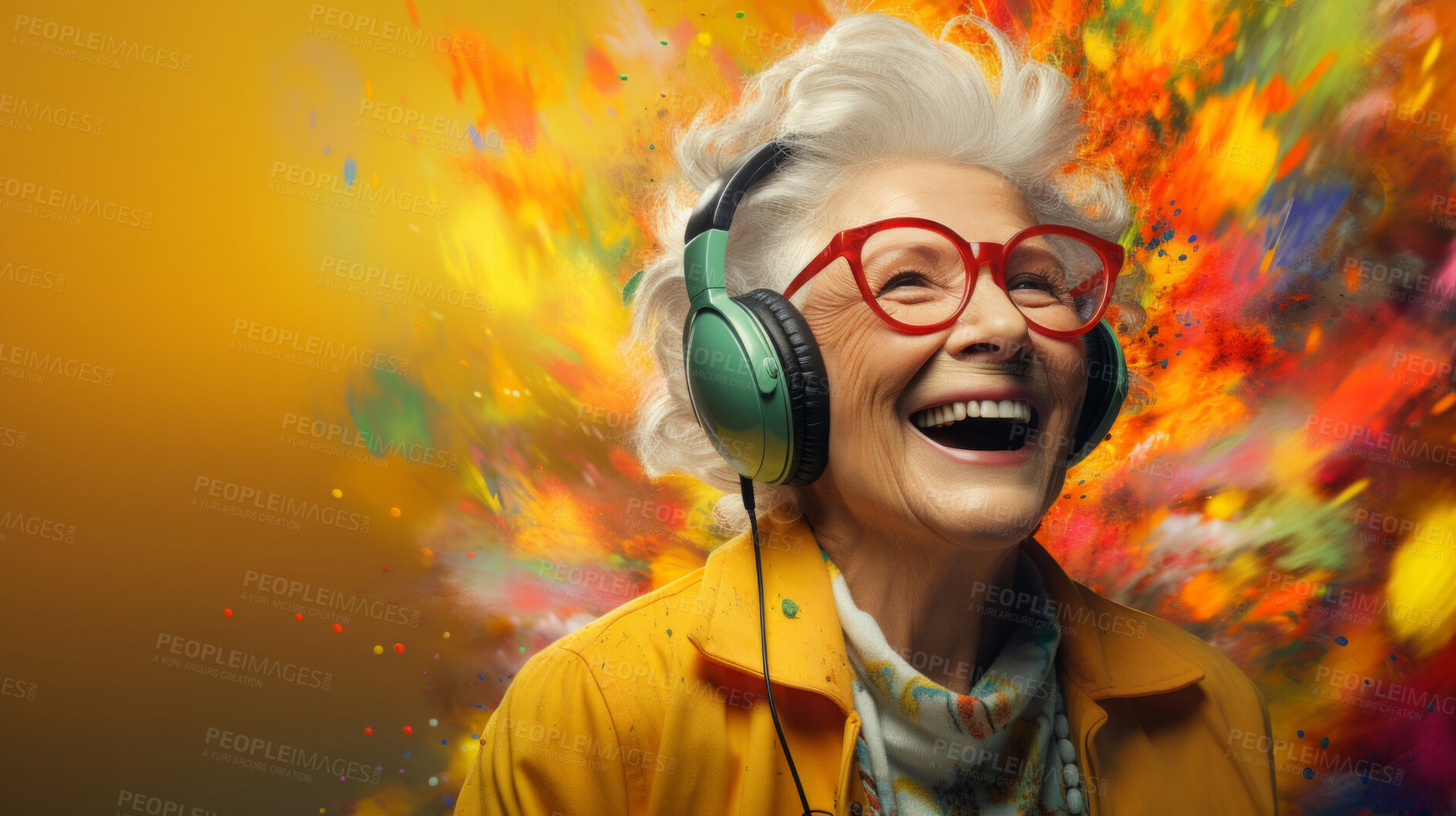 Buy stock photo Senior lady, headphones, adorned in vibrant colors. Stylish, tech-savvy and modern elder in a lively setting. On a vibrant journey with a touch of energetic flair.