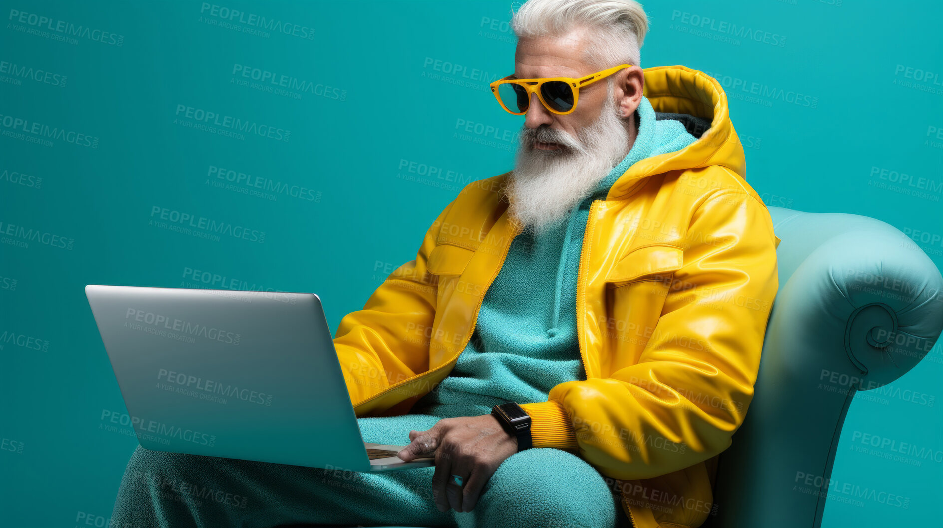 Buy stock photo Senior man, headphones on and working on laptop in vibrant attire. Tech-savvy, focused and stylish elder in a modern setting. On a creative journey with a touch of vibrant energy.