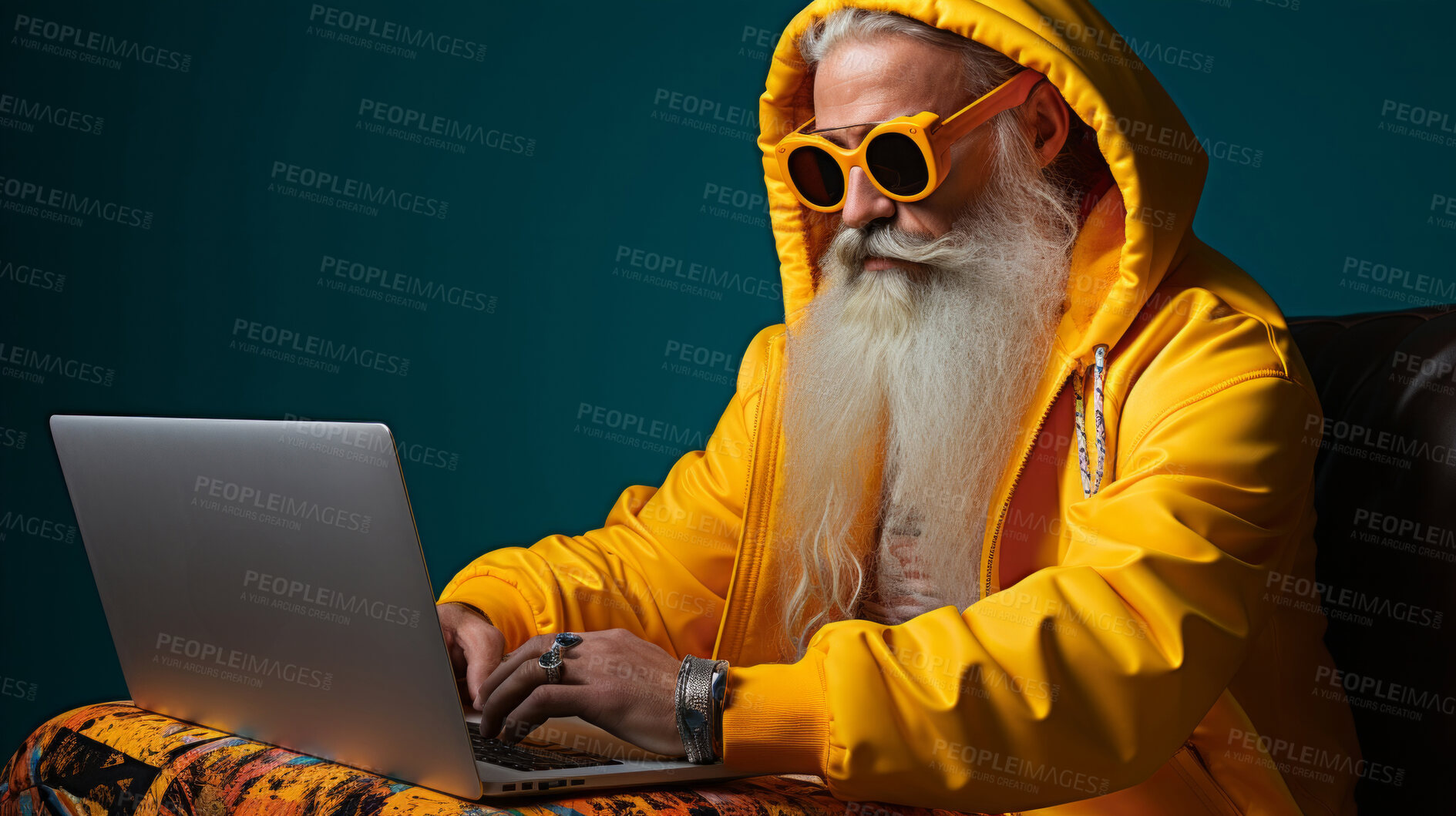 Buy stock photo Senior man, headphones on and working on laptop in vibrant attire. Tech-savvy, focused and stylish elder in a modern setting. On a creative journey with a touch of vibrant energy.