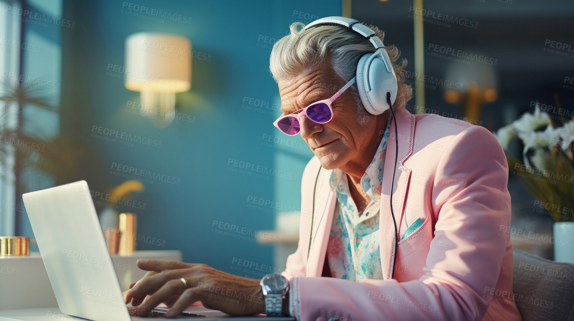 Buy stock photo Senior man, headphones on and working on laptop in vibrant attire. Tech-savvy, focused and stylish elder in a modern setting. On a creative journey with a touch of vibrant energy.