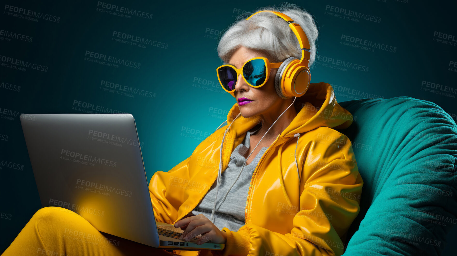 Buy stock photo Senior lady, headphones on and working on laptop in vibrant attire. Tech-savvy, focused and stylish elder in a modern setting. On a creative journey with a touch of vibrant energy.