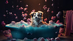 Puppy, bath and bubbly bliss for adorable cleanliness and joyful pampering. Wet fur, playful bubbles and gentle care. This scene is perfect for pet grooming services, care blogs and heartwarming visuals.