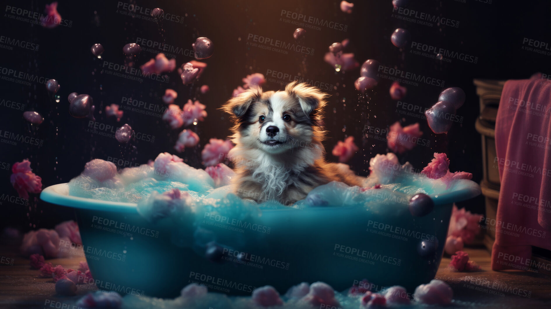 Buy stock photo Puppy, bath and bubbly bliss for adorable cleanliness and joyful pampering. Wet fur, playful bubbles and gentle care. This scene is perfect for pet grooming services, care blogs and heartwarming visuals.