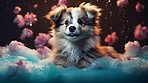 Puppy, bath and bubbly bliss for adorable cleanliness and joyful pampering. Wet fur, playful bubbles and gentle care. This scene is perfect for pet grooming services, care blogs and heartwarming visuals.