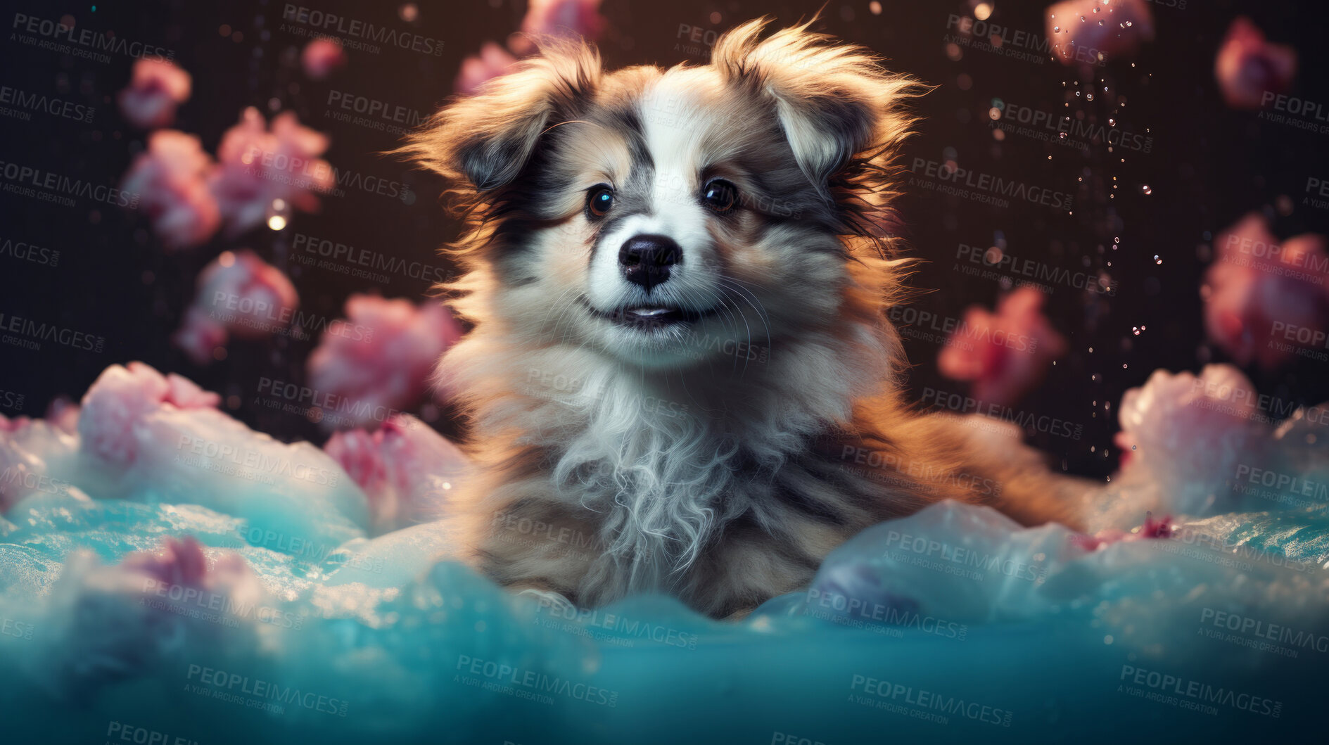 Buy stock photo Puppy, bath and bubbly bliss for adorable cleanliness and joyful pampering. Wet fur, playful bubbles and gentle care. This scene is perfect for pet grooming services, care blogs and heartwarming visuals.