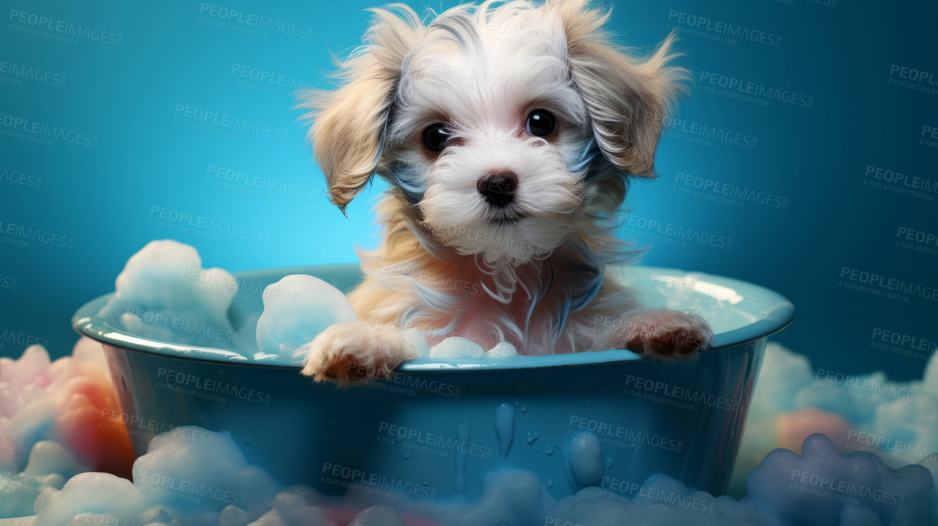 Buy stock photo Puppy, bath and bubbly bliss for adorable cleanliness and joyful pampering. Wet fur, playful bubbles and gentle care. This scene is perfect for pet grooming services, care blogs and heartwarming visuals.