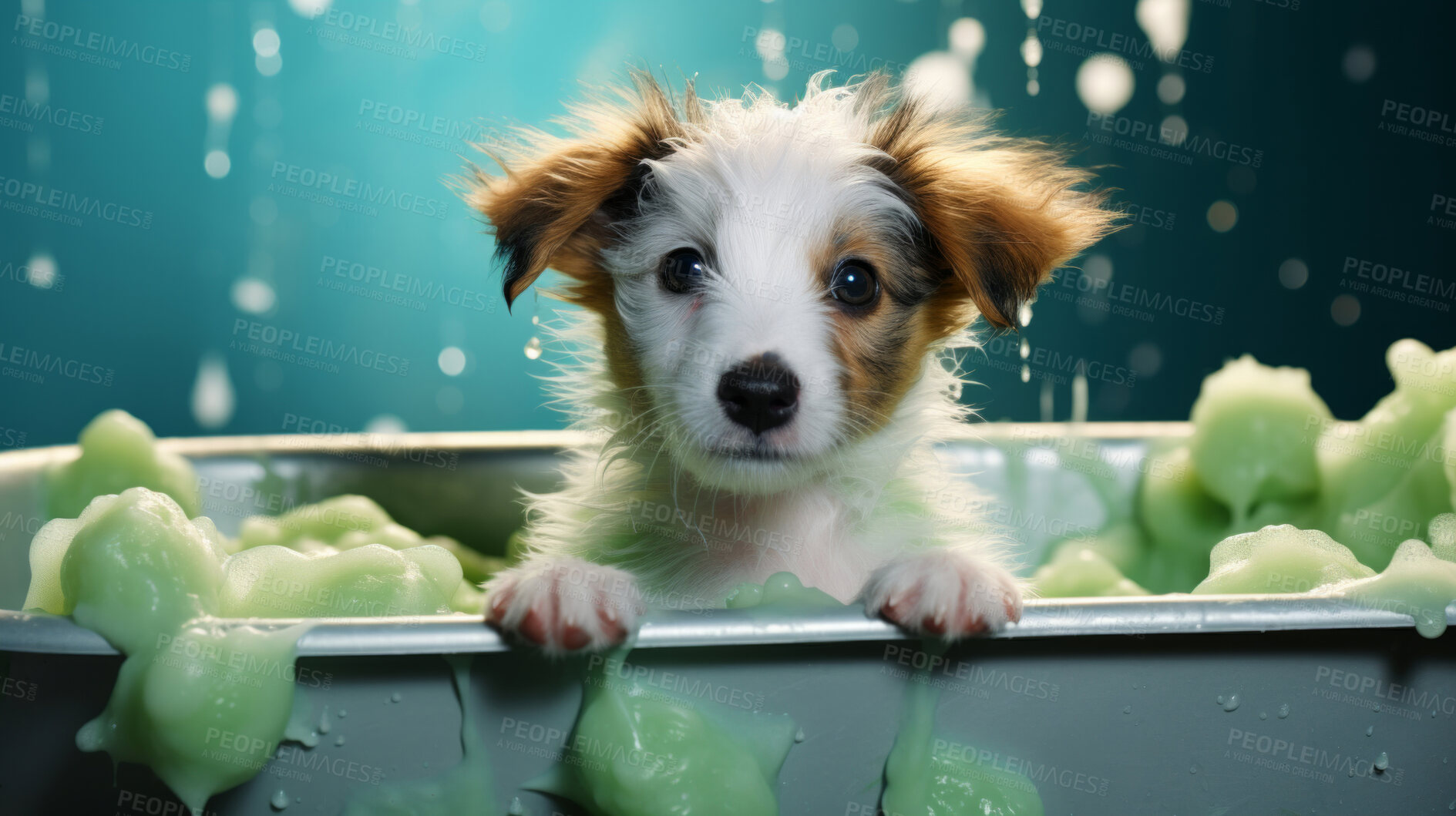 Buy stock photo Cute puppy, bath-time excitement, surrounded by bubbles and playful splashes. Sudsy puppy love, grooming joy, and pure bubbly happiness.