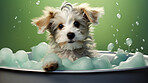 Cute puppy, bath-time excitement, surrounded by bubbles and playful splashes. Sudsy puppy love, grooming joy, and pure bubbly happiness.