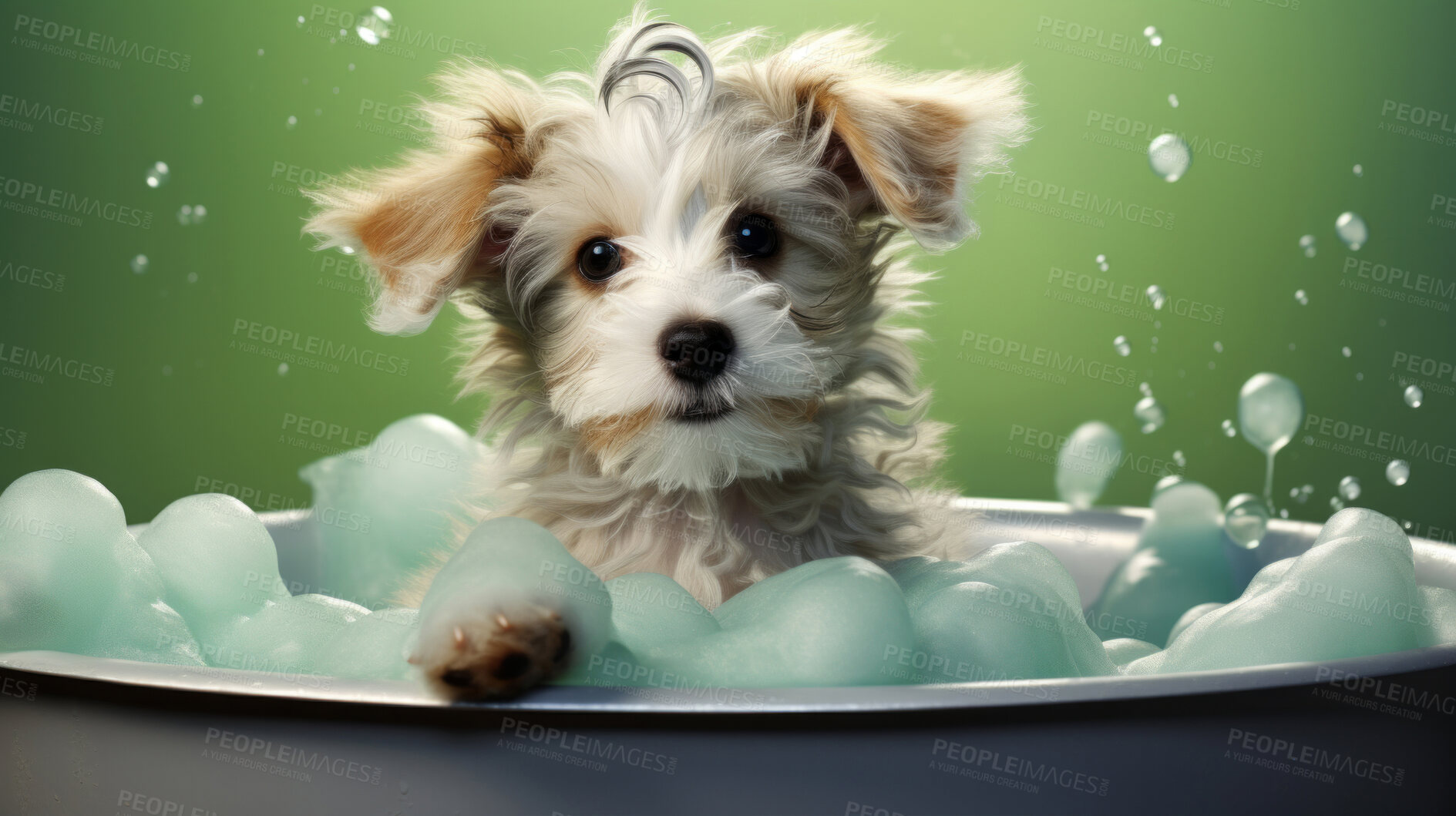 Buy stock photo Cute puppy, bath-time excitement, surrounded by bubbles and playful splashes. Sudsy puppy love, grooming joy, and pure bubbly happiness.