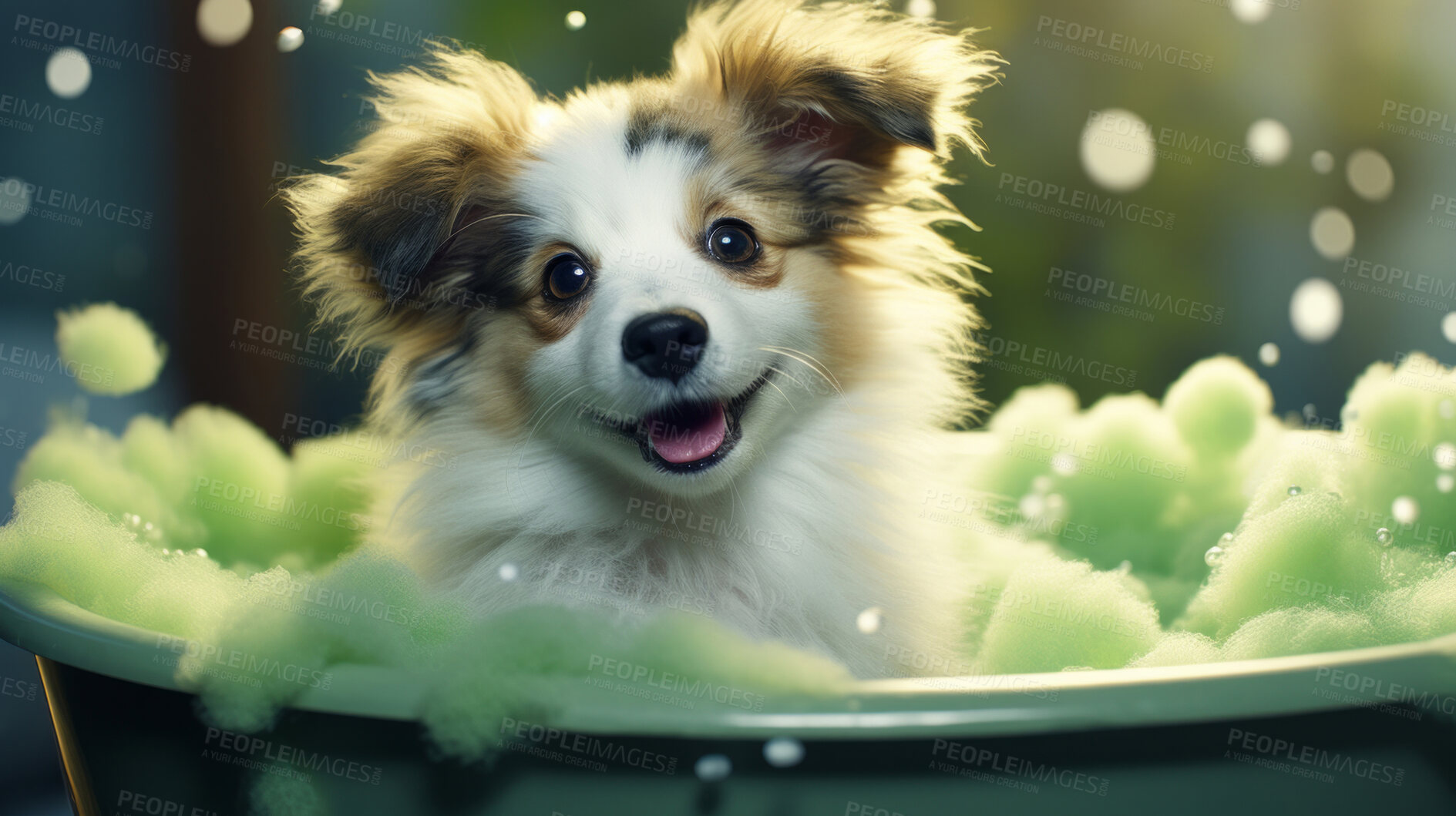 Buy stock photo Cute puppy, bath-time excitement, surrounded by bubbles and playful splashes. Sudsy puppy love, grooming joy, and pure bubbly happiness.