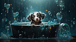 Cute puppy, bath-time excitement, surrounded by bubbles and playful splashes. Sudsy puppy love, grooming joy, and pure bubbly happiness.