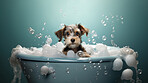 Puppy, bath and bubbly bliss for adorable cleanliness and joyful pampering. Wet fur, playful bubbles and gentle care. This scene is perfect for pet grooming services, care blogs and heartwarming visuals.