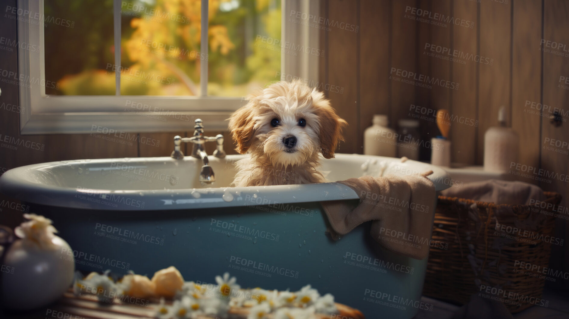 Buy stock photo Puppy, bath and bubbly bliss for adorable cleanliness and joyful pampering. Wet fur, playful bubbles and gentle care. This scene is perfect for pet grooming services, care blogs and heartwarming visuals.