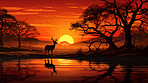 Illustrated sunset, Deer at watering hole. Serene, colorful and nature-inspired scene for art, decor and graphic displays. On a creative canvas with a touch of natural beauty.