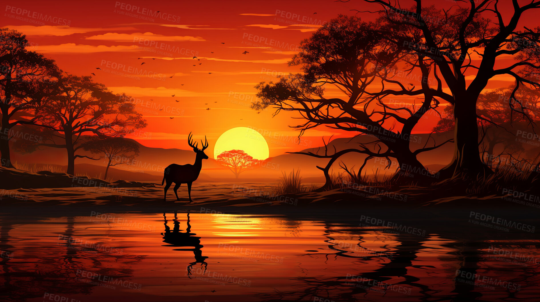 Buy stock photo Illustrated sunset, Deer at watering hole. Serene, colorful and nature-inspired scene for art, decor and graphic displays. On a creative canvas with a touch of natural beauty.