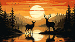 Illustrated sunset, Deer at watering hole. Serene, colorful and nature-inspired scene for art, decor and graphic displays. On a creative canvas with a touch of natural beauty.