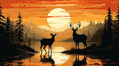 Illustrated sunset, Deer at watering hole. Serene, colorful and nature-inspired scene for art, decor and graphic displays. On a creative canvas with a touch of natural beauty.