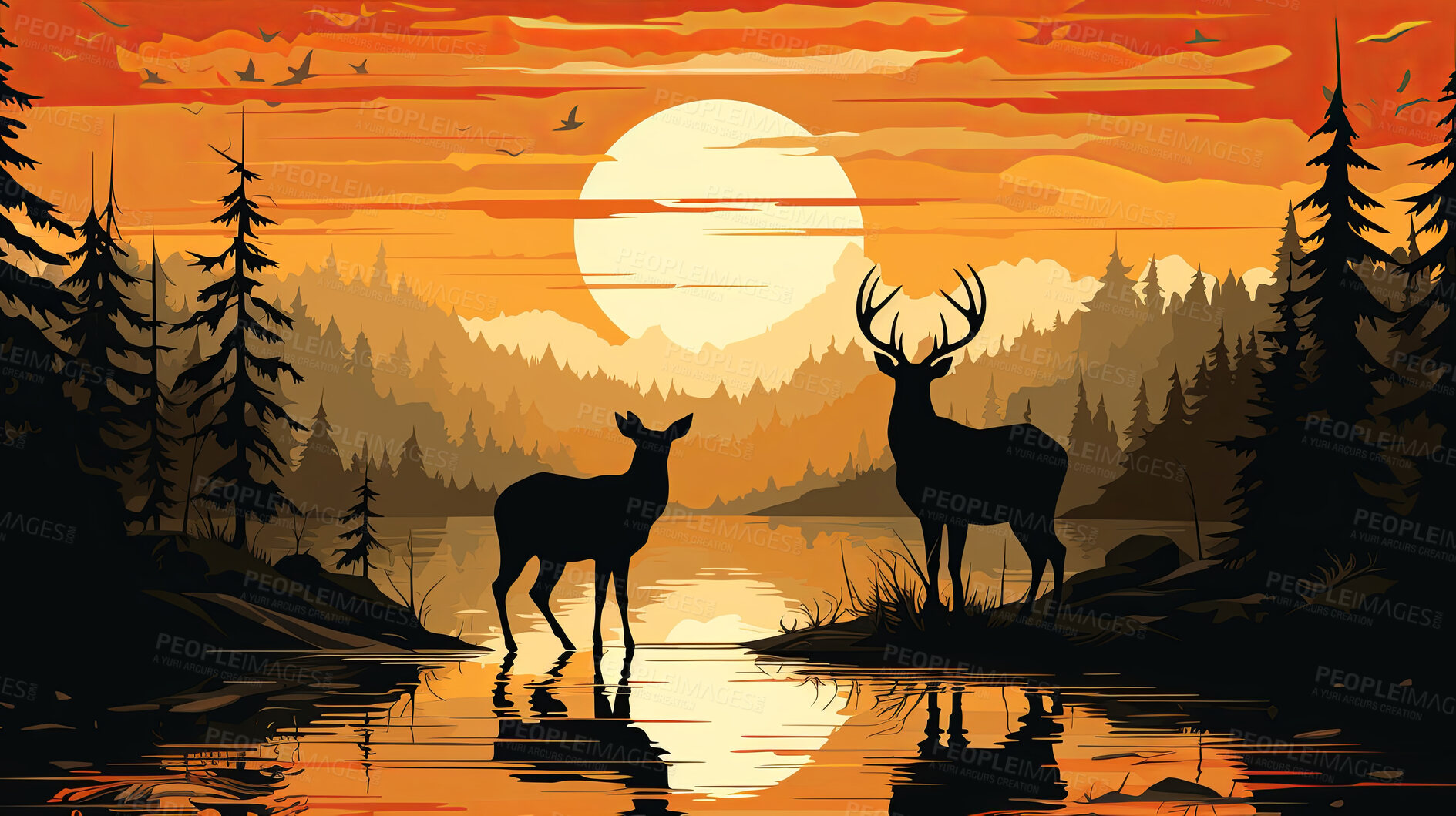 Buy stock photo Illustrated sunset, Deer at watering hole. Serene, colorful and nature-inspired scene for art, decor and graphic displays. On a creative canvas with a touch of natural beauty.