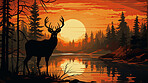 Illustrated sunset, Deer at watering hole. Serene, colorful and nature-inspired scene for art, decor and graphic displays. On a creative canvas with a touch of natural beauty.