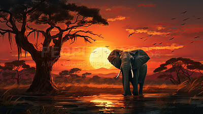 Illustrated sunset, Elephant at watering hole. Serene, colorful and nature-inspired scene for art, decor and graphic displays. On a creative canvas with a touch of natural beauty.