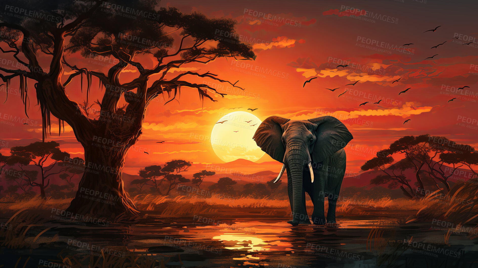 Buy stock photo Illustrated sunset, Elephant at watering hole. Serene, colorful and nature-inspired scene for art, decor and graphic displays. On a creative canvas with a touch of natural beauty.