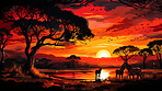 Illustrated sunset, Zebra at watering hole. Serene, colorful and nature-inspired scene for art, decor and graphic displays. On a creative canvas with a touch of natural beauty.