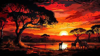 Illustrated sunset, Zebra at watering hole. Serene, colorful and nature-inspired scene for art, decor and graphic displays. On a creative canvas with a touch of natural beauty.