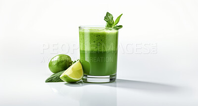 Buy stock photo Natural, green and smoothie with fruit on a white studio background for farming, produce and health diet. Colourful, fresh and tropical healthy fibre food for detox drink, grocery and nutrition