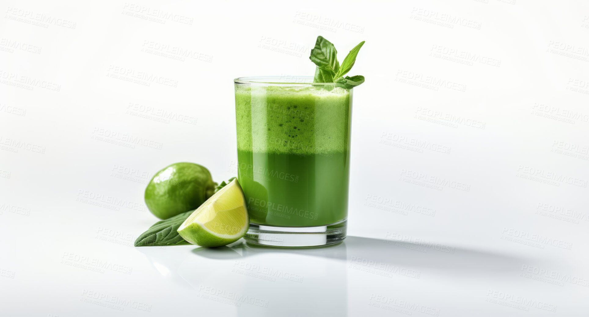 Buy stock photo Natural, green and smoothie with fruit on a white studio background for farming, produce and health diet. Colourful, fresh and tropical healthy fibre food for detox drink, grocery and nutrition